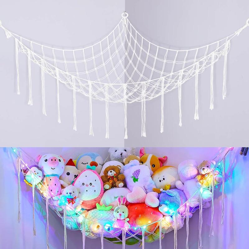 Stuffed Animals Net or Hammock with LED Light, Hanging Stuffed Animals Storage  Hammock Net Corner Wall Girls Room Decor  Storage Organizer (White)