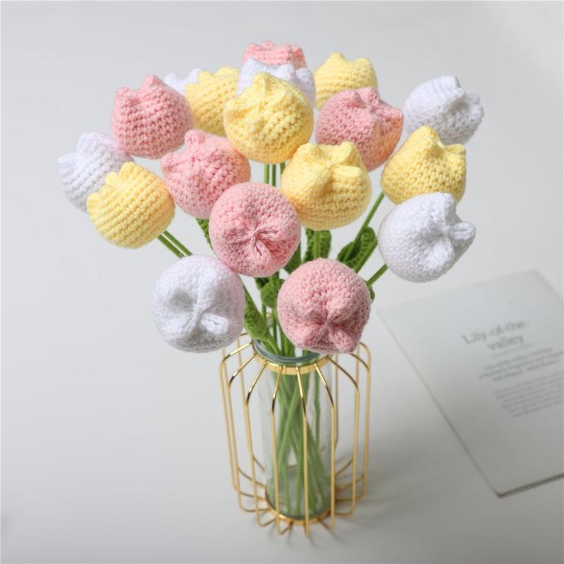 Artificial Tulip Flower without Vase, 1 3 Counts Crochet Tulip Flower, Decorative Flower for Home Living Room Bedroom Dining Room Wedding Party