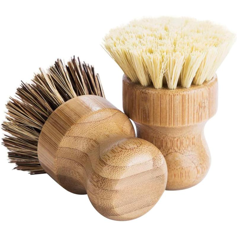 Bamboo Round 3 Packs Mini Dish Brush Natural Scrub Brush Durable Scrubber Cleaning Kit with Union Fiber and Tampico Fiber for Cleaning Pots, Pans and Vegetables