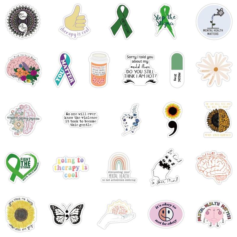 50pcs Mental Health Themed Pattern Stickers, Self-adhesive Waterproof Decorative Stickers, DIY Decals For Water Bottle, Laptop, Phone Case, Scrapbooking, Journal Making