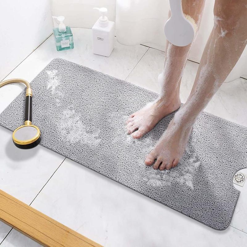 Non Slip Bathtub Mat 40 x 16 Inch, Extra Long Bath Mat for Tub, Soft PVC Loofah Shower Floor Mat with Drain, Quick Drying Bathroom Tub Mat for Wet Area, Without Suction Cup, Grey