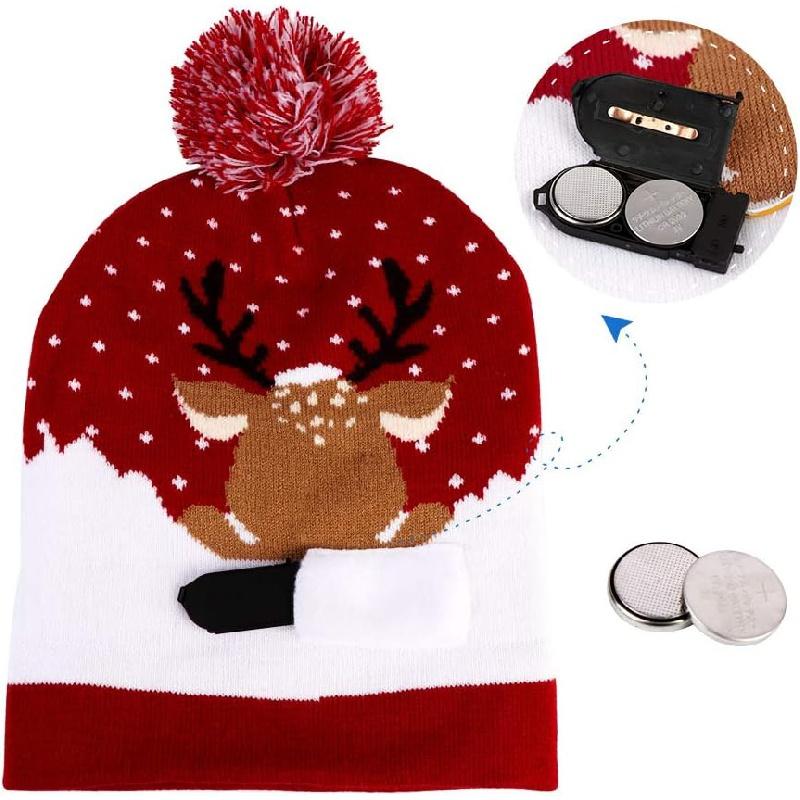 LED Christmas Hat, Light Up Christmas Hat Unisex Knitted Beanie Holiday Hat with Deer Printing for Party (Red Blue) Masks Colorful Gift