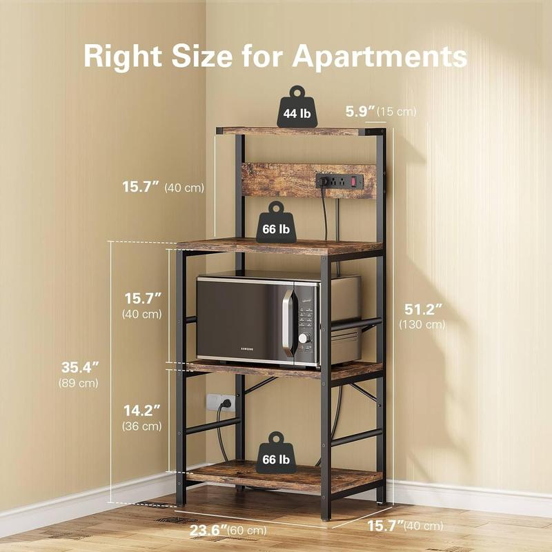 Bakers Rack with 3 Power Outlets, 4-Tier Kitchen Microwave Stand with Storage, Freestanding Kitchen Shelf Stand 23.6”L x 15.7”W x 51.2”H, Rustic Brown Coffee Bar Table Organiser Steel Matte Plant Switch