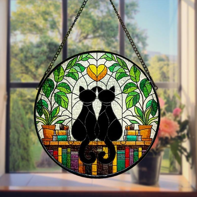 Two Black Cats and Book Stained Glass Sun Catcher – Book Lover’s Window Sign, Decorative Sun Catcher, Ideal Gift for Librarians, Stained Glass Decor