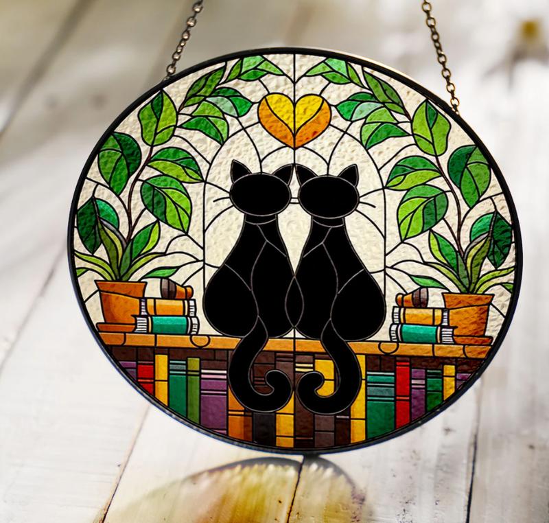 Two Black Cats and Book Stained Glass Sun Catcher – Book Lover’s Window Sign, Decorative Sun Catcher, Ideal Gift for Librarians, Stained Glass Decor