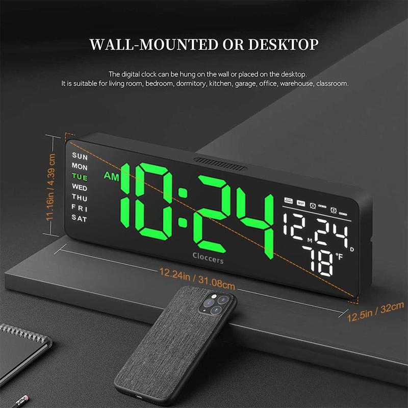 USB & Battery Charging Digital Wall Clock without Battery, 1 Count Remote Control Large Screen Wall Clock with Indoor Temperature Date Week Display, Countdown Digital Timer, Stocking Fillers Gift, Digital Clock