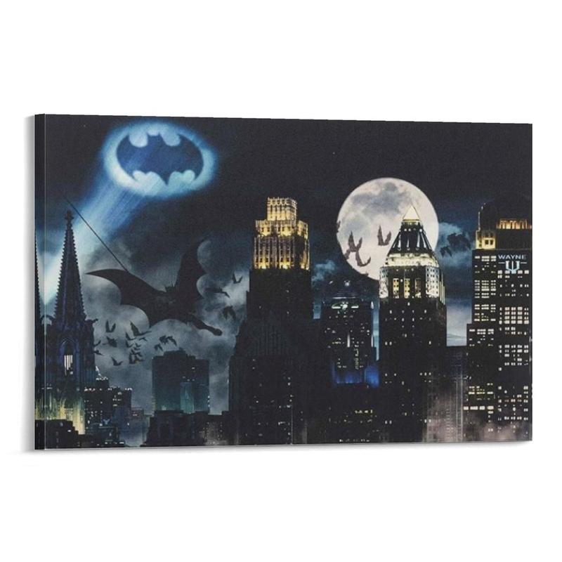 DC Comics Bat Signal Over Gotham City Gallery Wrapped Canvas Wall Decor - Vintage Batman Wall Art for Man Cave Or Movie Room