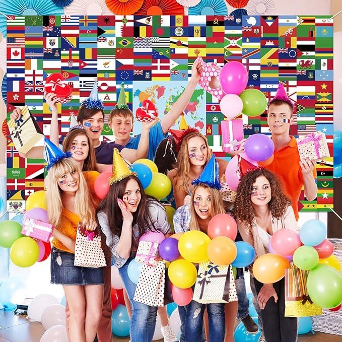 World Flag Banner, 5x3ft Fabric Country Flags Backdrop International Flags Banner Backdrop with Grommets for Birthday Party Decorations Office School Classroom Wallpaper Event Decorations