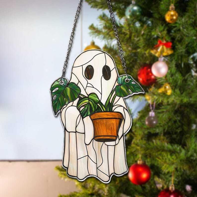 Cute Ghost Plant Suncatcher, Ghost and Monstera Acrylic Window Hanging, Ghost Window Hangings, Plant Lovers Gift, Gift For Mom, Plant Lover