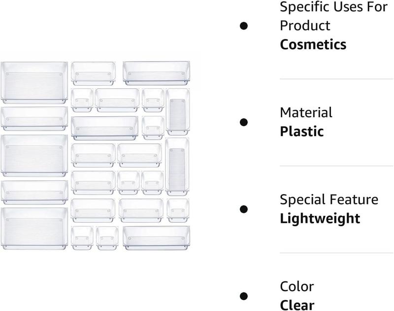 25 PCS Clear Plastic Drawer Organizers Set, 4-Size Versatile Bathroom and Vanity Drawer Organizer Trays, Storage Bins for Makeup, Bedroom, Kitchen Gadgets Utensils and Office Accessories Boxes