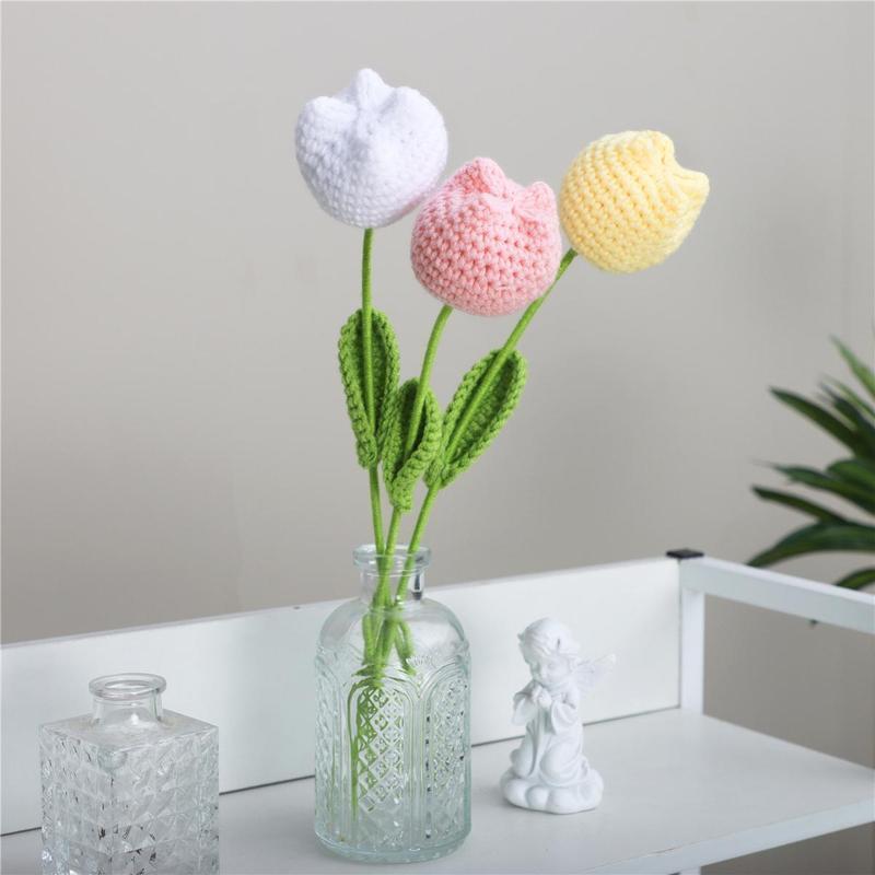 Artificial Tulip Flower without Vase, 1 3 Counts Crochet Tulip Flower, Decorative Flower for Home Living Room Bedroom Dining Room Wedding Party