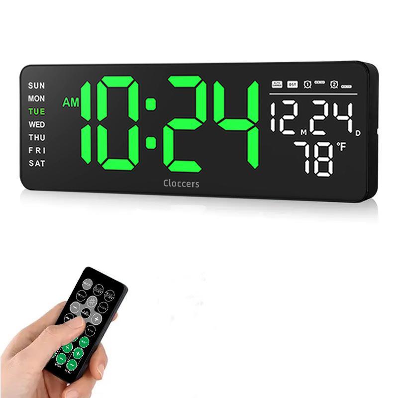 USB & Battery Charging Digital Wall Clock without Battery, 1 Count Remote Control Large Screen Wall Clock with Indoor Temperature Date Week Display, Countdown Digital Timer, Stocking Fillers Gift, Digital Clock