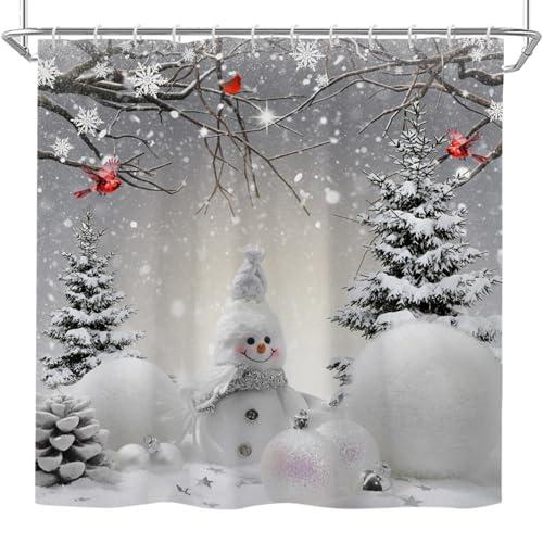 Christmas Snowman Shower, Grey Winter Forest Cardinal Snowflake Xmas Holiday Curtains, Christmas Bathroom Decor with Hooks Waterproof Fabric 72