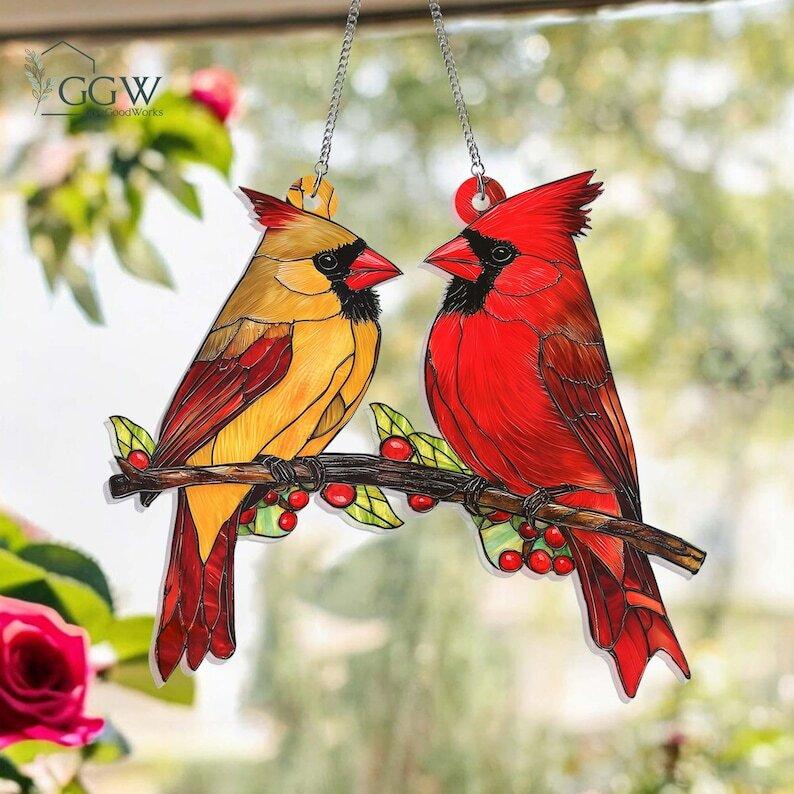 Red Cardinal Suncatcher, Christmas Gift, Stained Glass Window Hangings, Cardinal Bird Decor For Living Room, Cardinal Gifts For Her, Mom