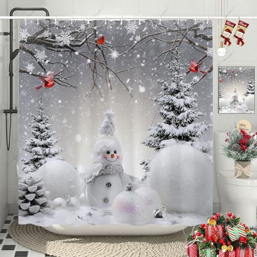 Christmas Snowman Shower, Grey Winter Forest Cardinal Snowflake Xmas Holiday Curtains, Christmas Bathroom Decor with Hooks Waterproof Fabric 72