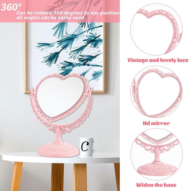 Heart Shaped Mirror Double Sided Dresser Mirror Vintage Mirror Makeup Mirror  Mirror for Dressing Bathroom Bedroom(Pink)