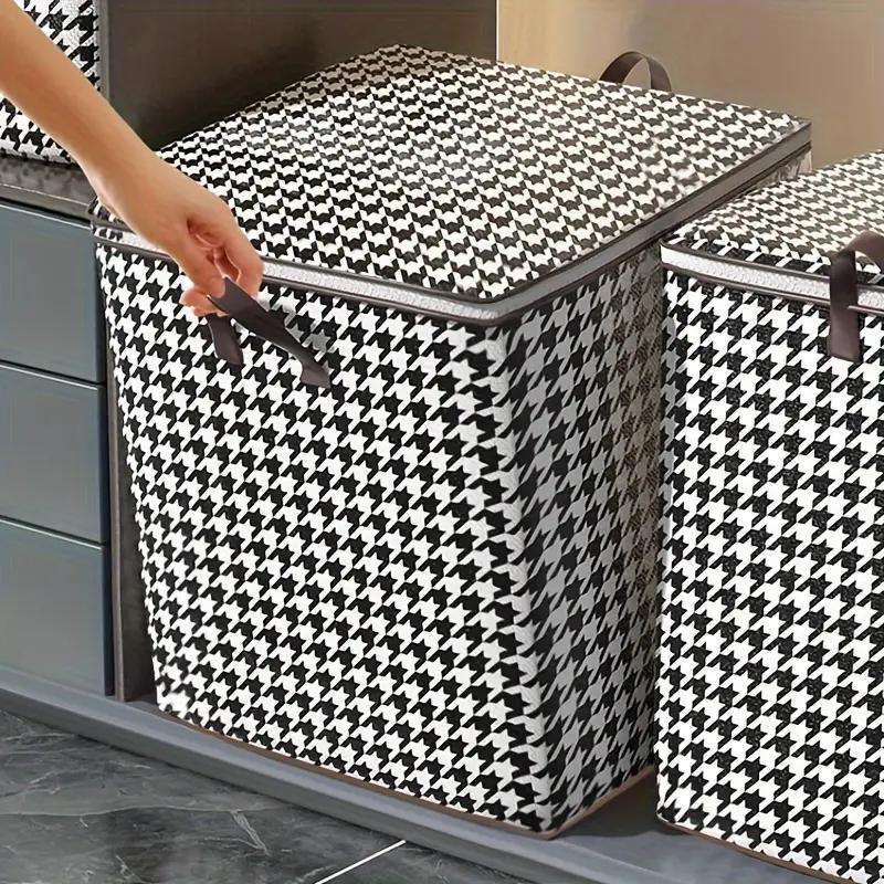 Large Capacity Storage Bag, Houndstooth Pattern Quilts Storage Bag with Zipper & Handle, Durable Dust & Moisture Proof Bag for Clothing Quilts Moving Traveling