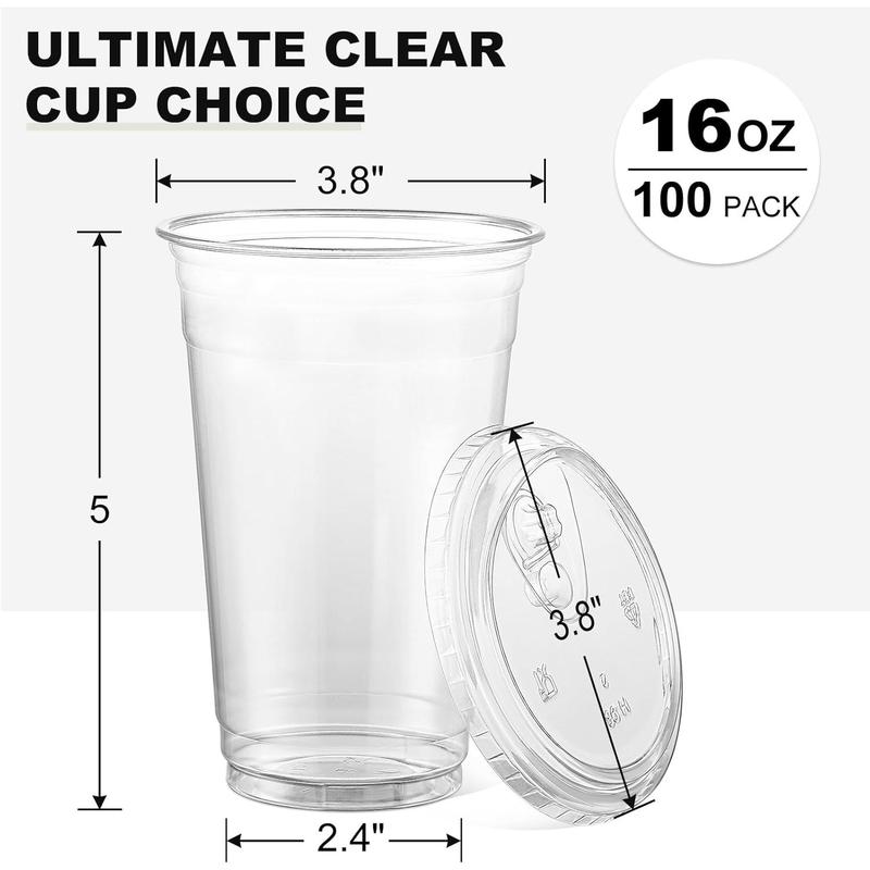 100 Sets 16 oz Crystal Clear Plastic Cups With Sip Lids, Disposable To Go Cups With Sip Through Lids for Iced Coffee, Smoothie, Milkshake, Cold Drinks