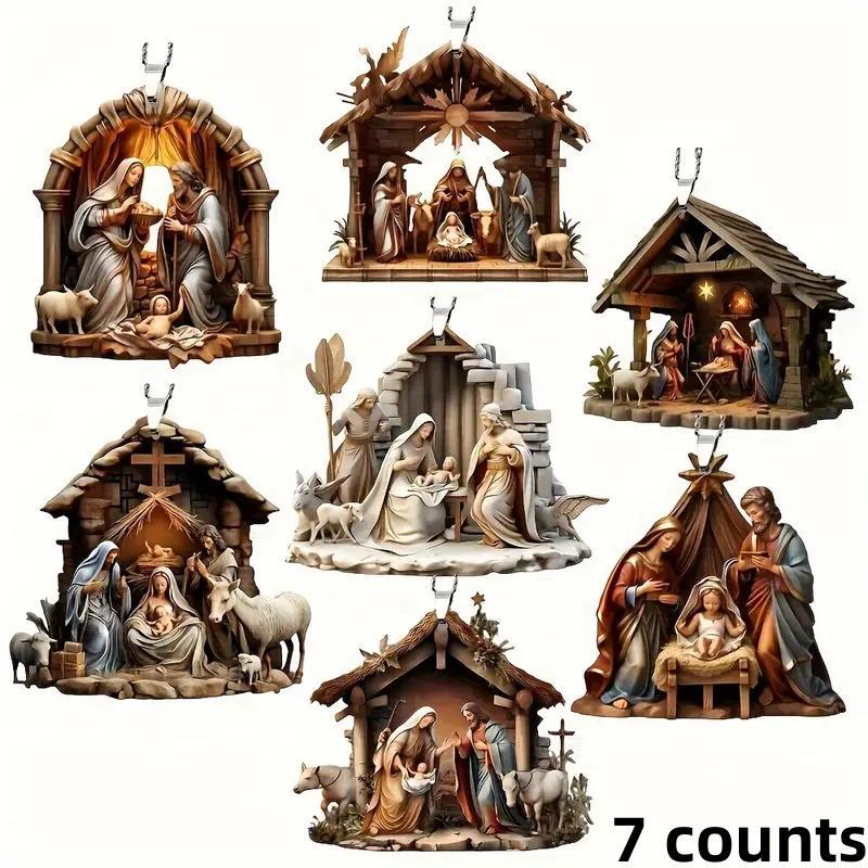 Nativity Scene Pattern Acrylic Hanging Ornament, 7 Counts set Vintage Double-sided Printing Hanging Decoration, Holiday Decoration for Home Party