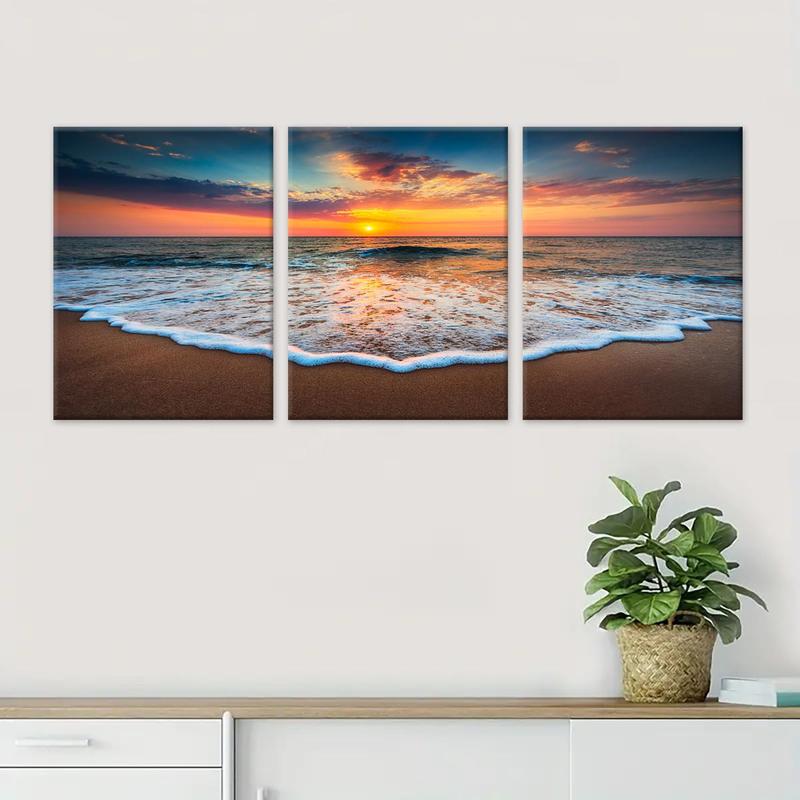 Framed Canvas Painting, 3 Counts Beach Sunrise Natural Landscape Decorative Painting, Modern Wall Art for Home Living Room Bedroom Office Room Decor, Christmas 2024 Ornament, Christmas Gift Ideas, Stocking Stuffers