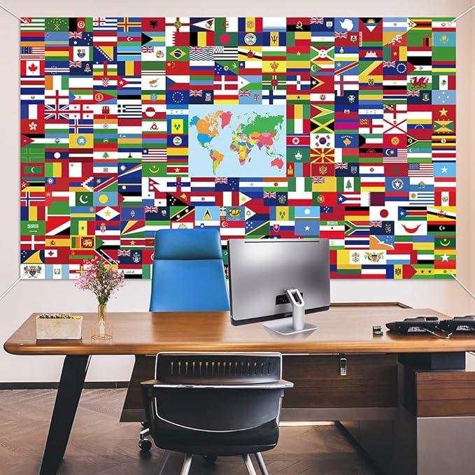 World Flag Banner, 5x3ft Fabric Country Flags Backdrop International Flags Banner Backdrop with Grommets for Birthday Party Decorations Office School Classroom Wallpaper Event Decorations