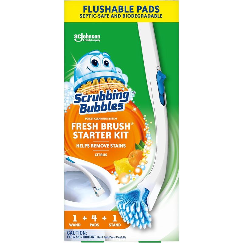 Scrubbing Bubbles Fresh Brush Starter Toilet Cleaning Kit, Toilet Cleaning System Including- 1 Toilet Bowl Brush + 1 Toilet Brush Stand + 4 Toilet Cleaner Refill Pads SC Johnson