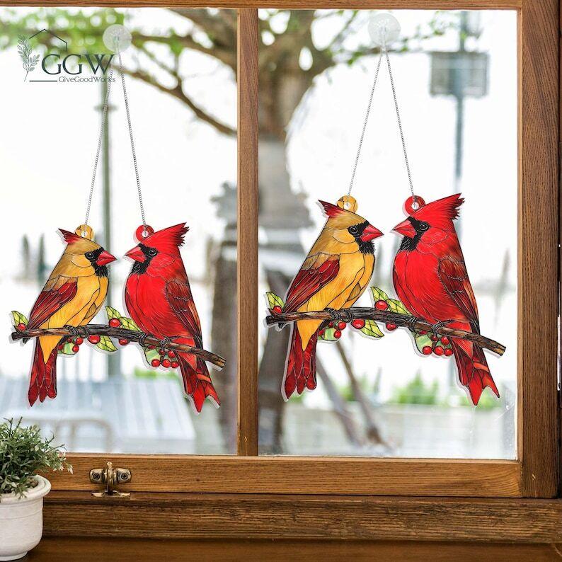 Red Cardinal Suncatcher, Christmas Gift, Stained Glass Window Hangings, Cardinal Bird Decor For Living Room, Cardinal Gifts For Her, Mom