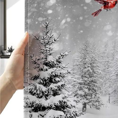 Christmas Snowman Shower, Grey Winter Forest Cardinal Snowflake Xmas Holiday Curtains, Christmas Bathroom Decor with Hooks Waterproof Fabric 72