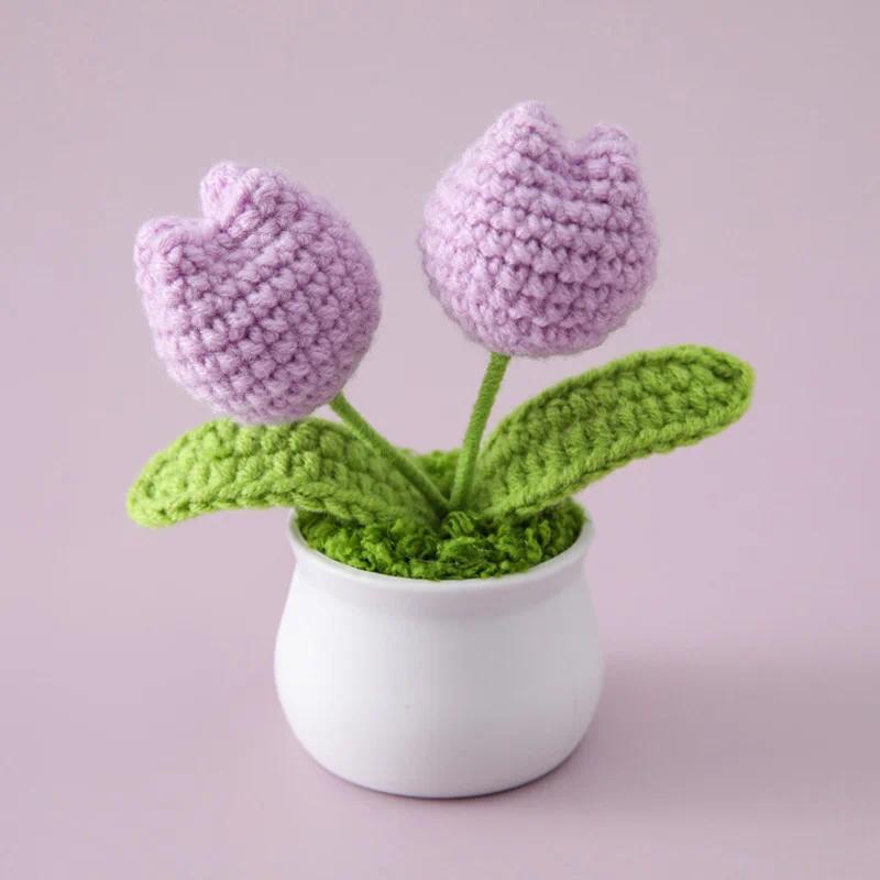 Tulip Handmade Crochet Flowers Potted Finished Woven Bouquet Artificial  Knitted Flower Valentine's Day Gift Home Desktop Decor