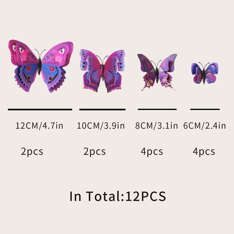 12pcs Butterfly Design Wall Sticker, Creative 3D Double Layer Butterfly Design Wall Decal, Decorative Sticker For Party Cake