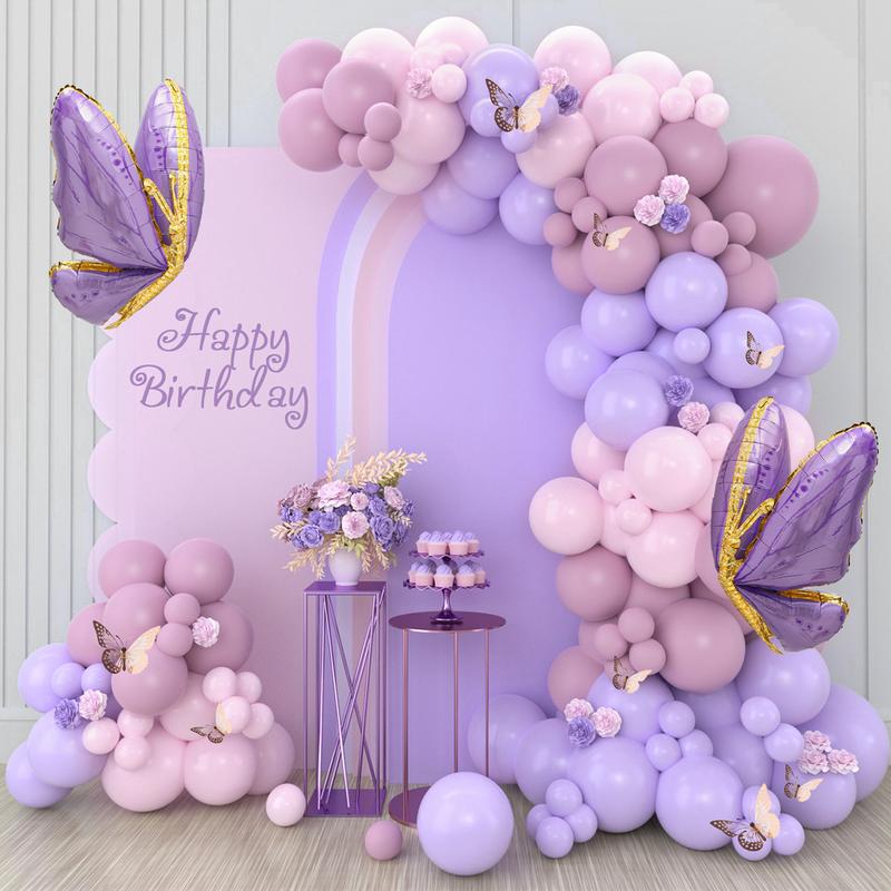 Purple Butterfly Balloon Garland Arch Kit,133pcs Pastel Pink Latex Balloon,Butterfly Foil Balloon Girls Birthday Party Decoration Baby Shower Decor