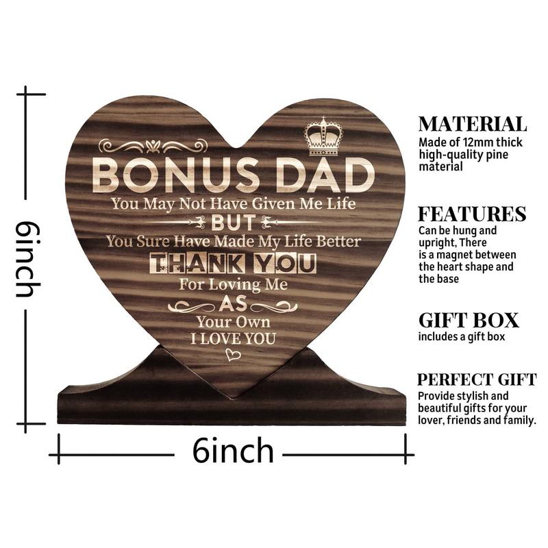 Stepdad Gift Wood Sign, Bonus Dad Plaque, Heart Wood Sign, Meaningful Gifts for Stepdad, 6 x 6 x 0.6 inches, Pine Wood Decor Decoration