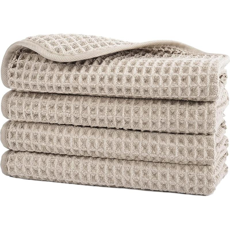 Microfiber Lint Free Washcloth  Towel, 13 x 13 in, 4 Pack (Beige, Waffle Weave)