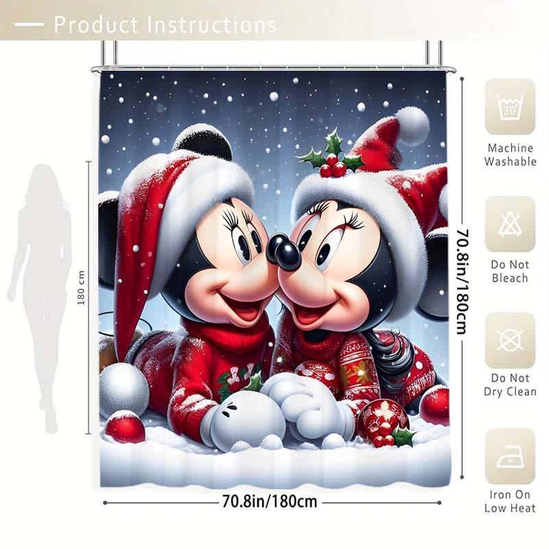 Cartoon Mickey & Minnie Pattern Shower Curtain, 1 Count Waterproof Bathroom Curtain with Hooks, Bathroom Decor Supplies for Home Hotel Salon Dormitory