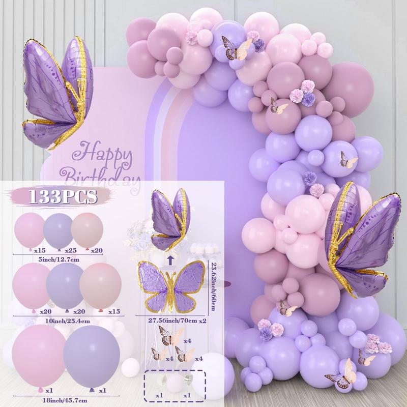 Purple Butterfly Balloon Garland Arch Kit,133pcs Pastel Pink Latex Balloon,Butterfly Foil Balloon Girls Birthday Party Decoration Baby Shower Decor