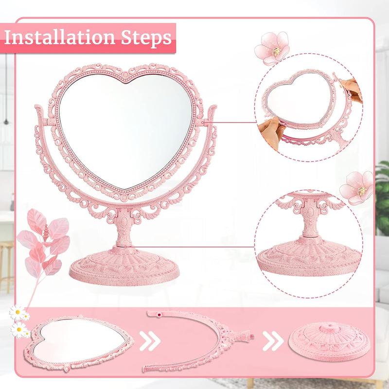 Heart Shaped Mirror Double Sided Dresser Mirror Vintage Mirror Makeup Mirror  Mirror for Dressing Bathroom Bedroom(Pink)