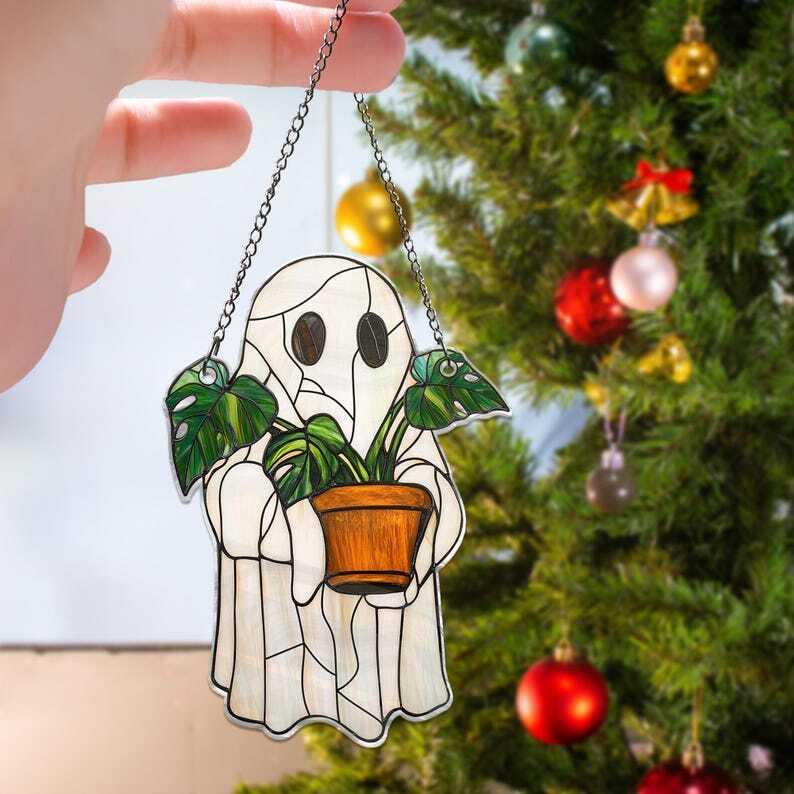 Cute Ghost Plant Suncatcher, Ghost and Monstera Acrylic Window Hanging, Ghost Window Hangings, Plant Lovers Gift, Gift For Mom, Plant Lover