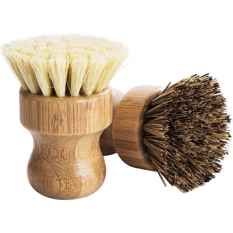 Bamboo Round 3 Packs Mini Dish Brush Natural Scrub Brush Durable Scrubber Cleaning Kit with Union Fiber and Tampico Fiber for Cleaning Pots, Pans and Vegetables