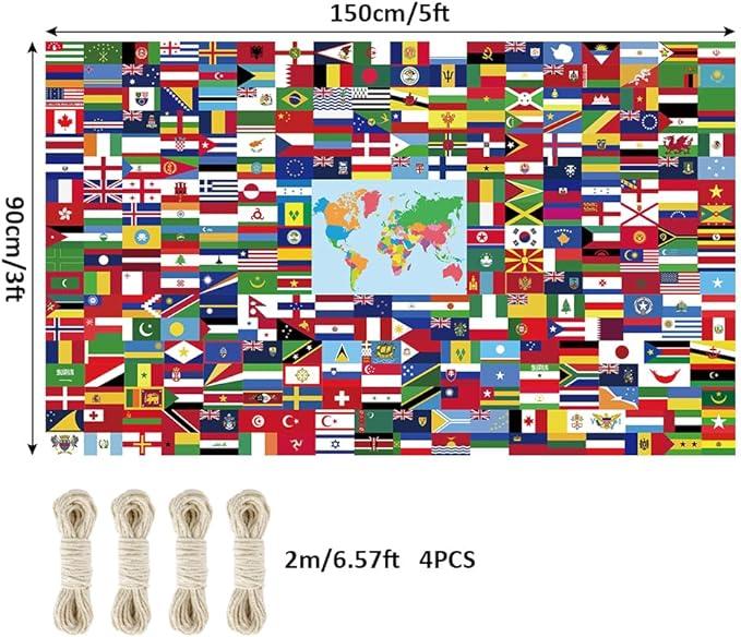 World Flag Banner, 5x3ft Fabric Country Flags Backdrop International Flags Banner Backdrop with Grommets for Birthday Party Decorations Office School Classroom Wallpaper Event Decorations