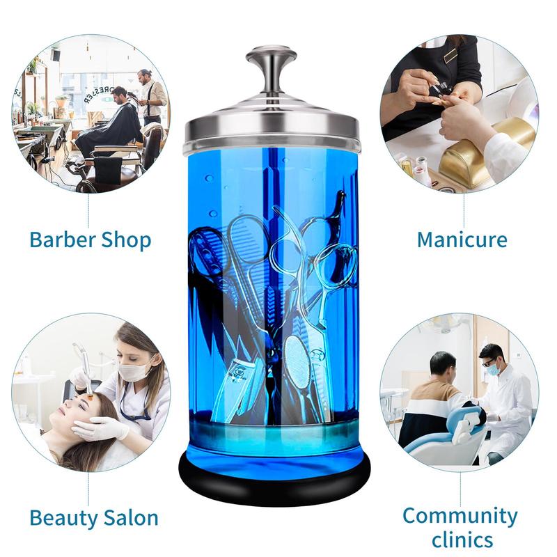 Large Capacity Hairdressing Sterilization Bottle Glass, Scissors Comb Stainless Steel Cover Haircut Disinfecting Jar, Salon Sterilizing Tool