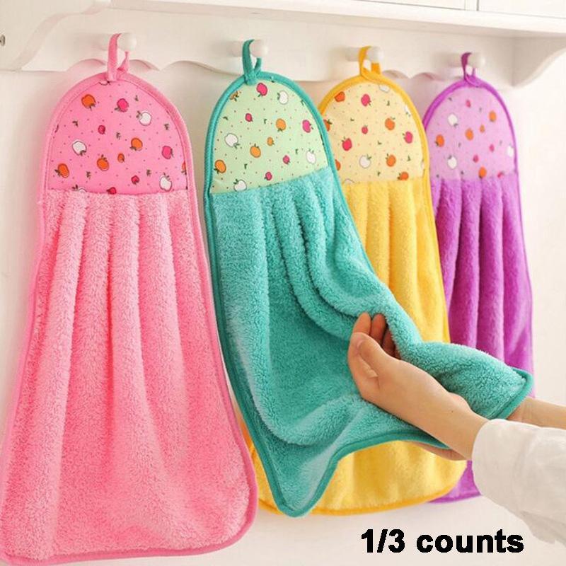 Random Color Coral Fleece Hand Towel, Hanging Cartoon Pattern Absorbent Hand Towel, Kitchen & Bathroom Cleaning Supplies