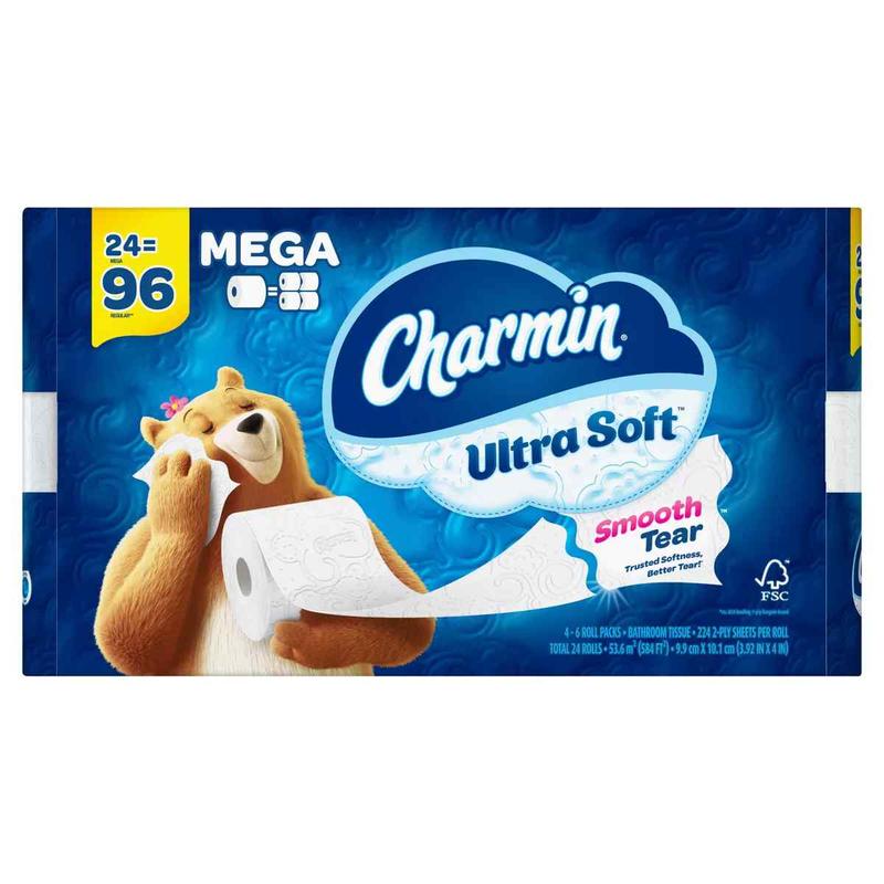 Ultra Soft Cushiony Touch Toilet Paper，24 Family Mega Rolls = 96 Regular Rolls