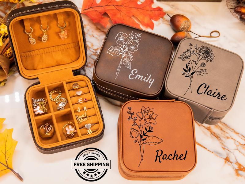 Birth Flower Jewelry Travel Case, Personalized Birthday Gift, Birth Month Flower Gift, Leather Jewelry Travel Case, Custom Jewelry Case Boxes Organiser