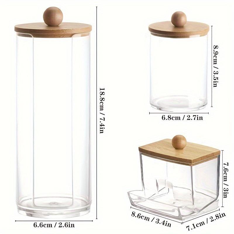 Clear Storage Jar with Wooden Lid, 3 Counts 1 Set Cotton Swab Storage Box, Bathroom Storage Container for Cotton Swab, Cotton Ball, Floss Picks