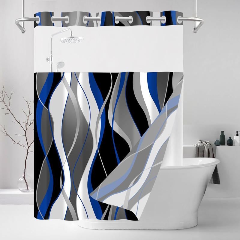 No Hook Shower Curtain and Liner Set Blue Striped Shower Curtain with Snap in Liner Fabric Bathroom Curtain with Liner Modern Black Bathroom Decor Set See Through Top Window Washable 71x74 Inch