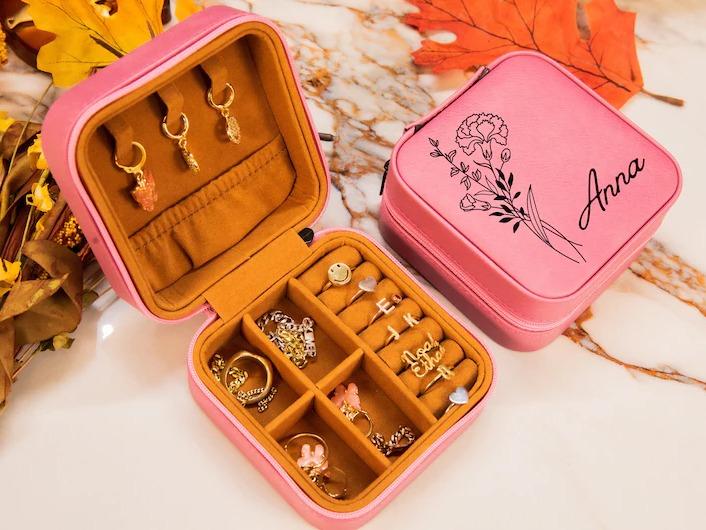 Birth Flower Jewelry Travel Case, Personalized Birthday Gift, Birth Month Flower Gift, Leather Jewelry Travel Case, Custom Jewelry Case Boxes Organiser