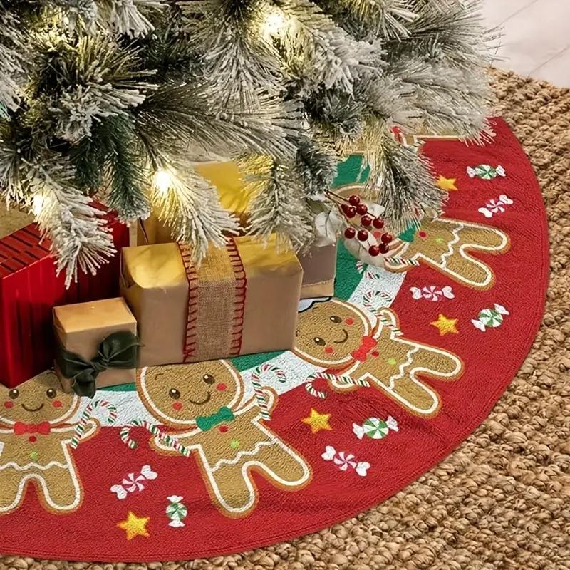 Gingerbread Man Pattern Christmas Tree Skirt, 1 Count Cute Cartoon Christmas Tree Skirt, Holiday Decor for Living Room Home Dining Room Office School