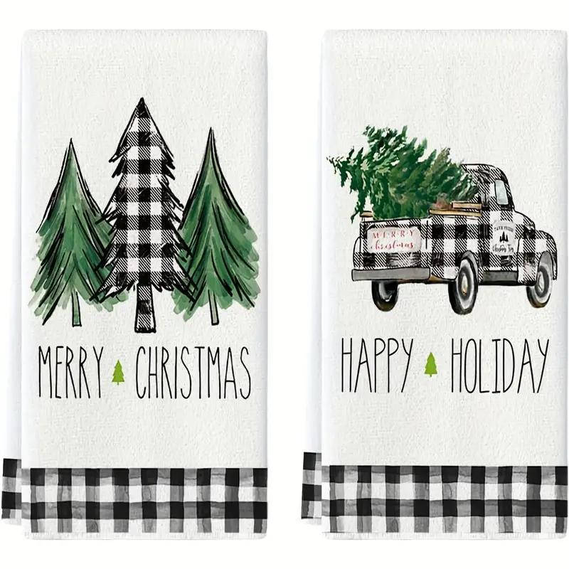 Christmas Themed Kitchen Towel, 2 Counts set Truck & Tree Pattern Kitchen Towel, Kitchen Decoration, Festive & Party Supplies