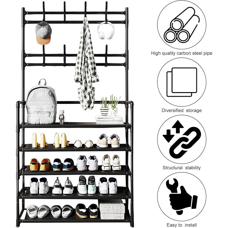 5 Tiers Shoe Rack for Entryway,Shoe and Coat Racks with 8 Hooks,Entryway Bench with Coat Rack, Shoe Rack for Entryway Small Space for Bedroom, Living room, Hallway (Black)