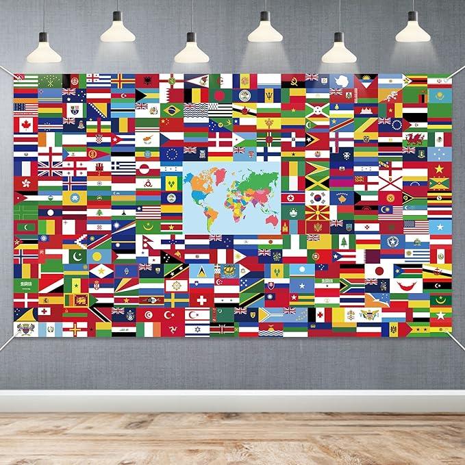 World Flag Banner, 5x3ft Fabric Country Flags Backdrop International Flags Banner Backdrop with Grommets for Birthday Party Decorations Office School Classroom Wallpaper Event Decorations